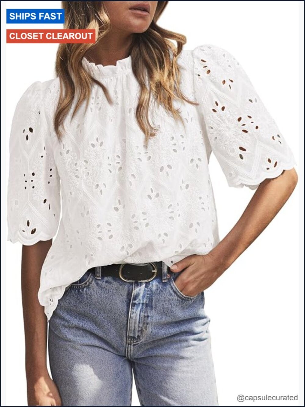 Short Sleeve Eyelet Blouse Embroidered Dressy Casual Tops